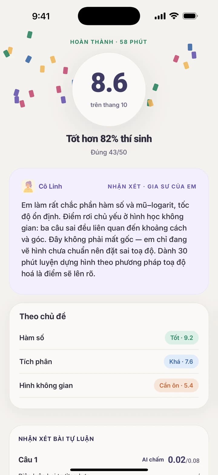 Màn hình kết quả của app Airdu: điểm 8.6 trên thang 10, nhận xét của gia sư AI và điểm mạnh yếu theo từng chủ đề