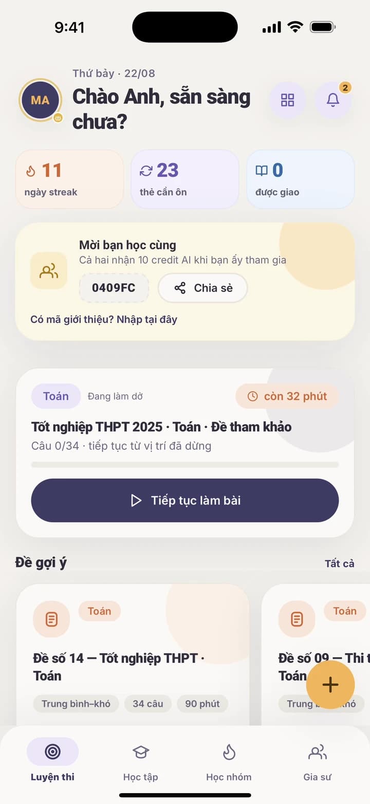 Màn hình Luyện thi của app Airdu: đề đang làm dở, chuỗi 11 ngày học và danh sách đề gợi ý